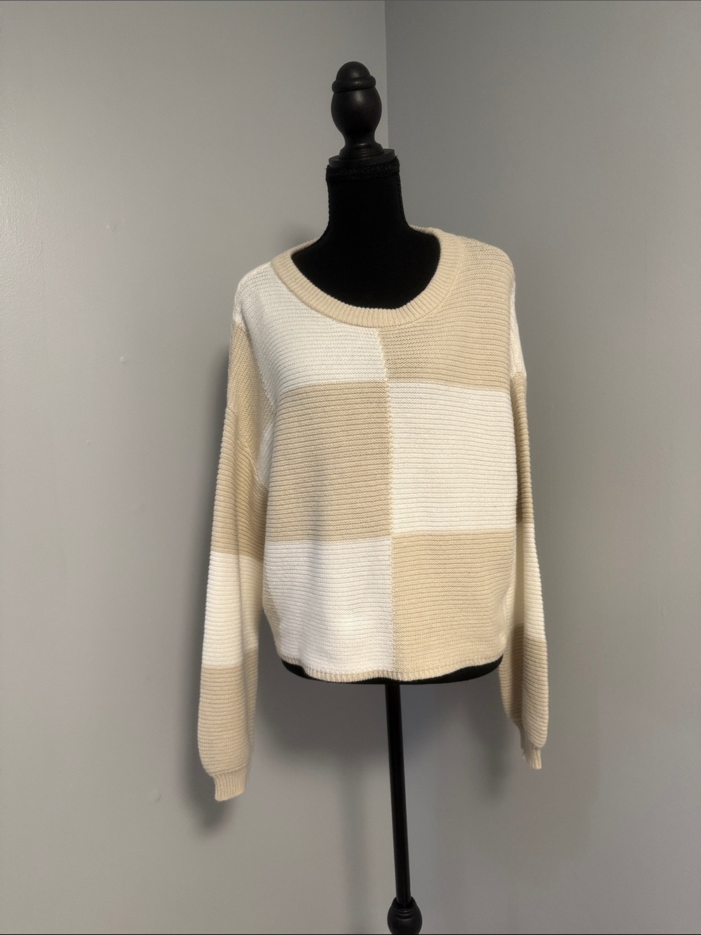 moon & madison Beige and Cream Block-Grid Crewneck Sweater